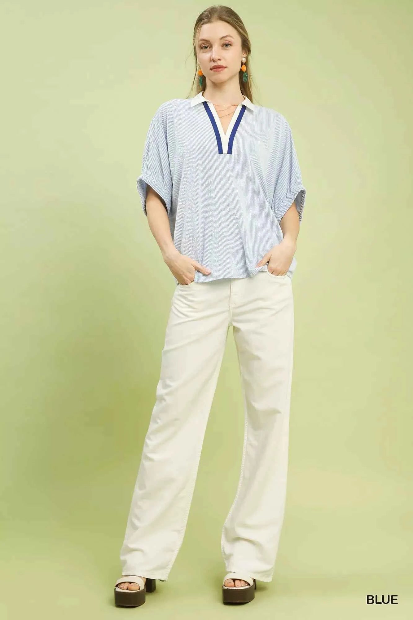 Umgee Blouse Light Blue Contrast Collar V-Neck Top Short Sleeve 625977a9-5280-4e12-ab68-bfd41e2ea081-Max-Origin Trendsi