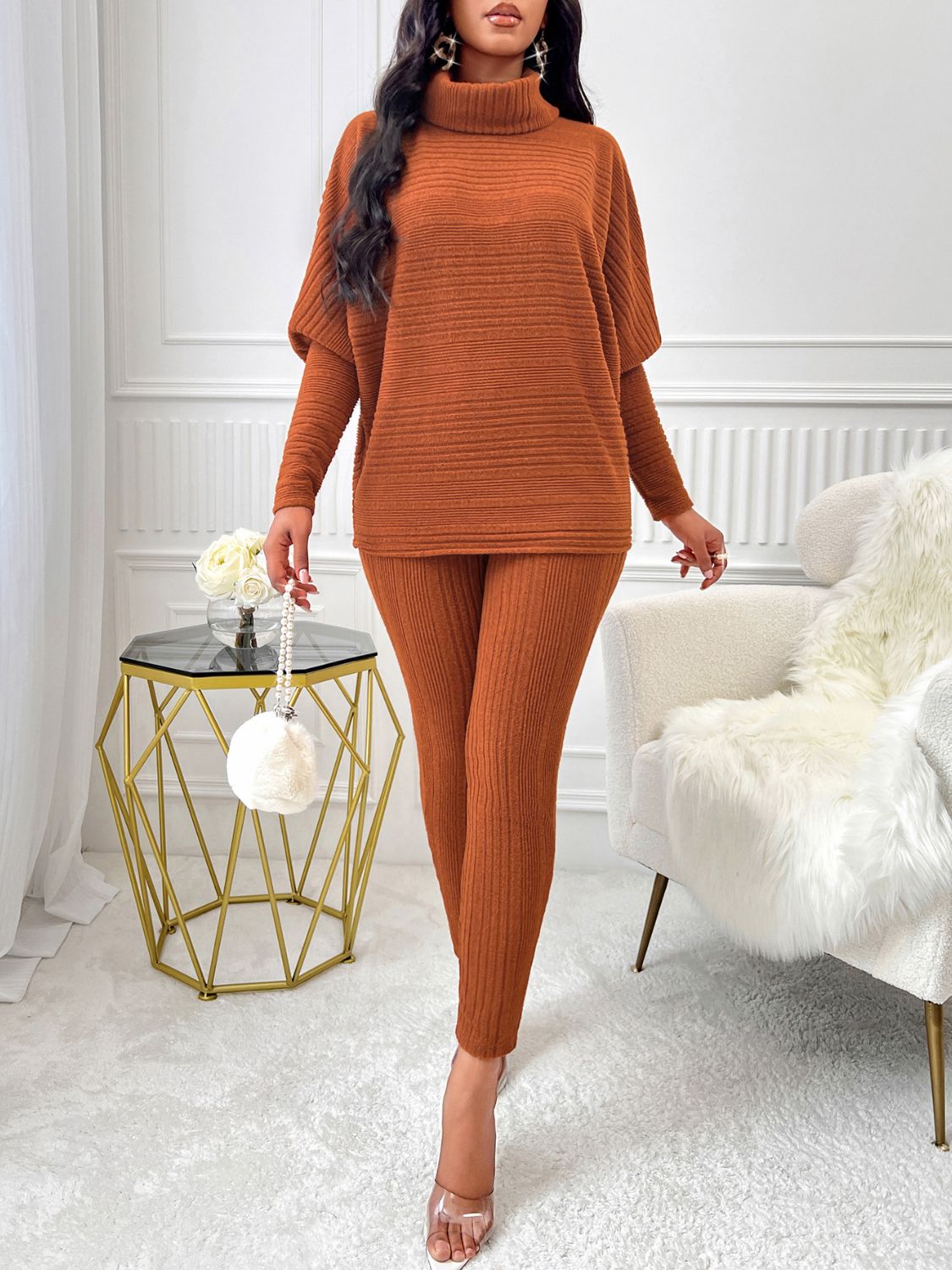 Women Knit Outfit Set 2 Pcs Terracotta Turtleneck Batwing Sleeve Top and Pants 625a21ad-f13b-4691-8ec4-ae2d7ffa8f33-Max Trendsi