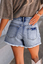 Denim Shorts Pearl Studded Pockets Raw Hem Light Blue 625eb94b-598a-4406-a26d-08bf2b1631e4-Max-Origin Trendsi