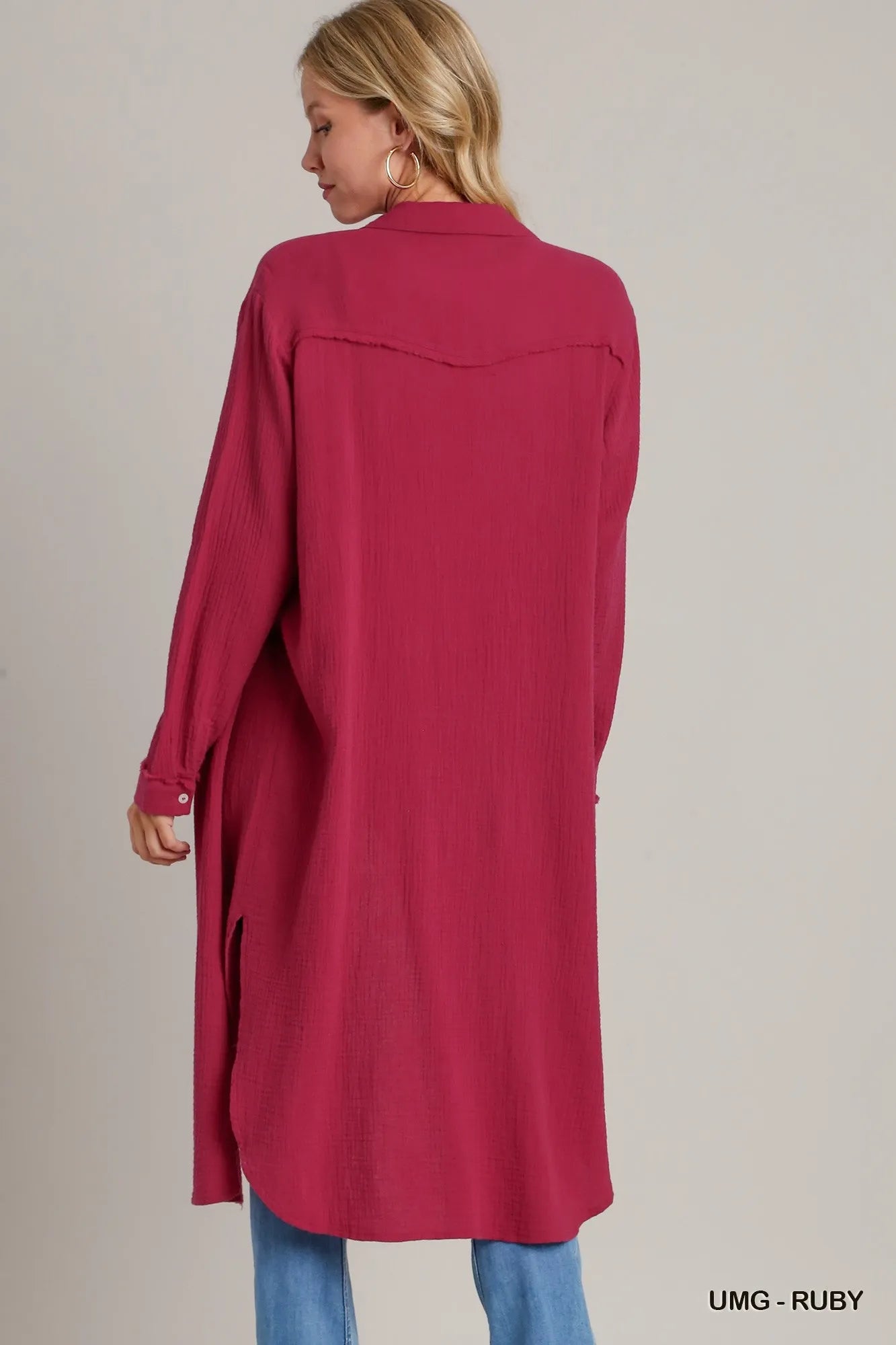 Umgee Shirt Dress Cotton Gauze Button Up Ruby Red Oversized Long Sleeve 62631564-e3ea-4ea6-ade3-afbb6fc10b01-Max-Origin Trendsi