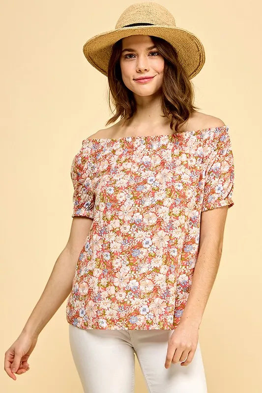 Lime 'N' Chili Blouse Off-The-Shoulder Coral Floral Print Short Sleeve 6274e7a9eabb4e83985b3bea104ede43-Max-Origin Trendsi