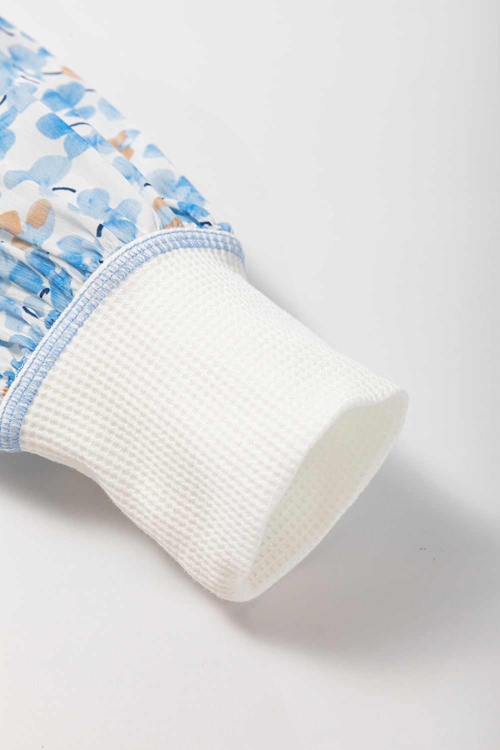 Women Blouse White Floral Blue High-Low V-Neck Long Sleeve Cotton Blend Top 62769955-9379-47aa-a260-7d253dab3b7e-Max Trendsi