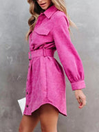 Corduroy Mini Shirt Dress Button Front Belt Long Sleeve 6278d625-591a-4e9a-95dc-a9142d7ed058-Max-Origin Trendsi
