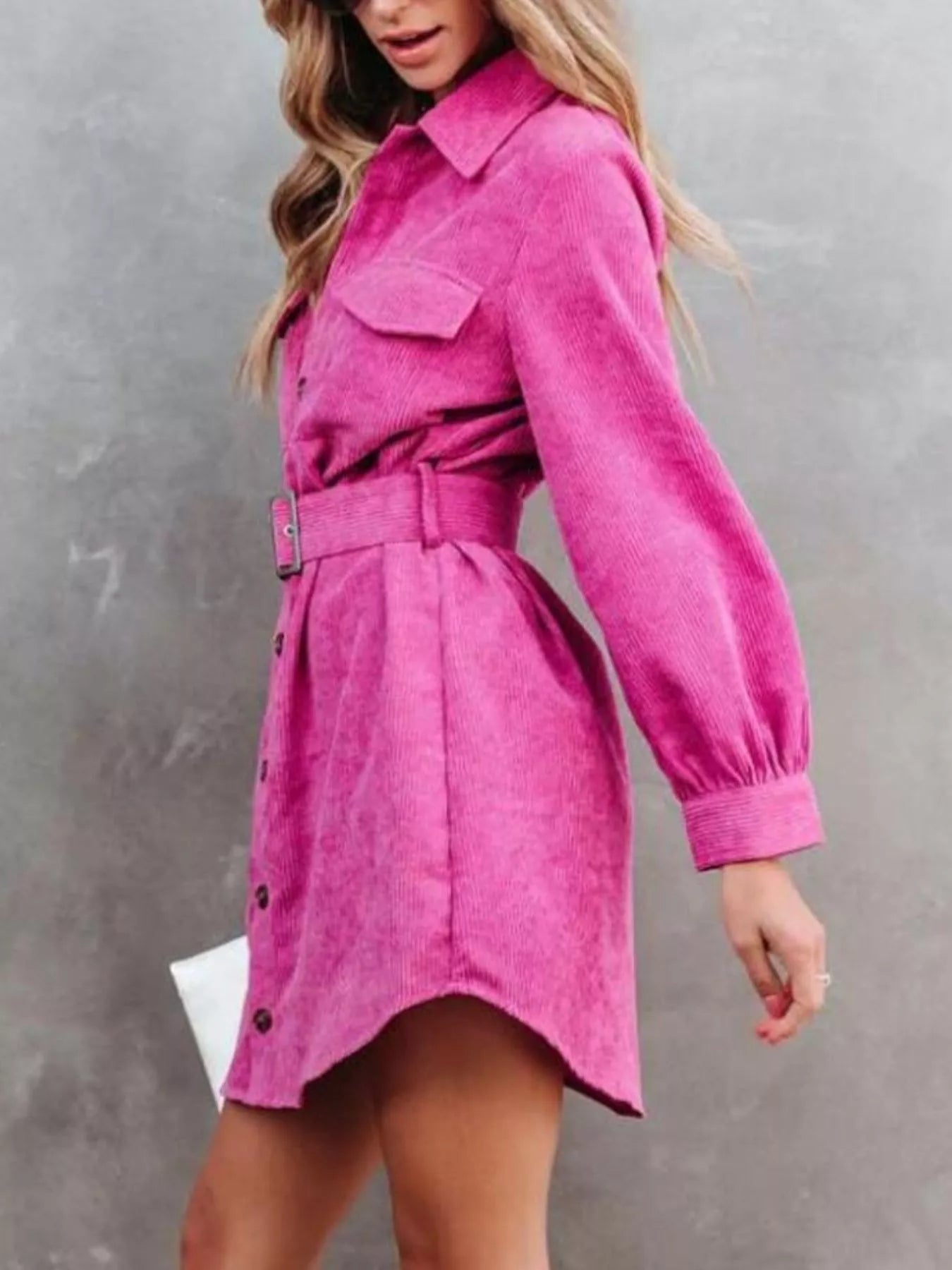 Corduroy Mini Shirt Dress Button Front Belt Long Sleeve 6278d625-591a-4e9a-95dc-a9142d7ed058-Max-Origin Trendsi