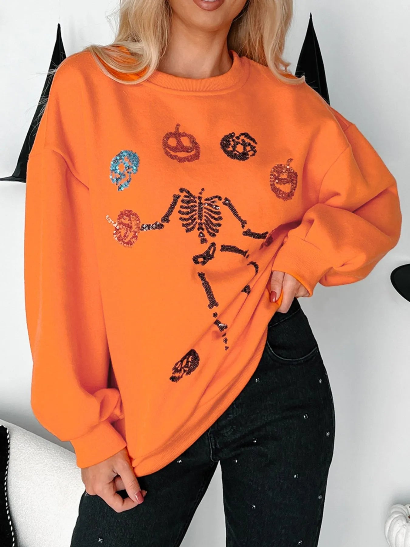 Women's Sweatshirt Halloween Skeleton Pumpkin Sequin Pullover Orange 627c59cb-c0ee-45f9-97b3-9d9ab9de1dcf-Max-Origin Trendsi