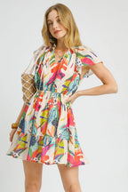 Umgee Short Dress Floral Printed Colorful Tie Neck Ruffled Hem Smocked Orange 628361b9-cf51-47a3-bc6a-0e72c05e866e-Max-Origin Trendsi