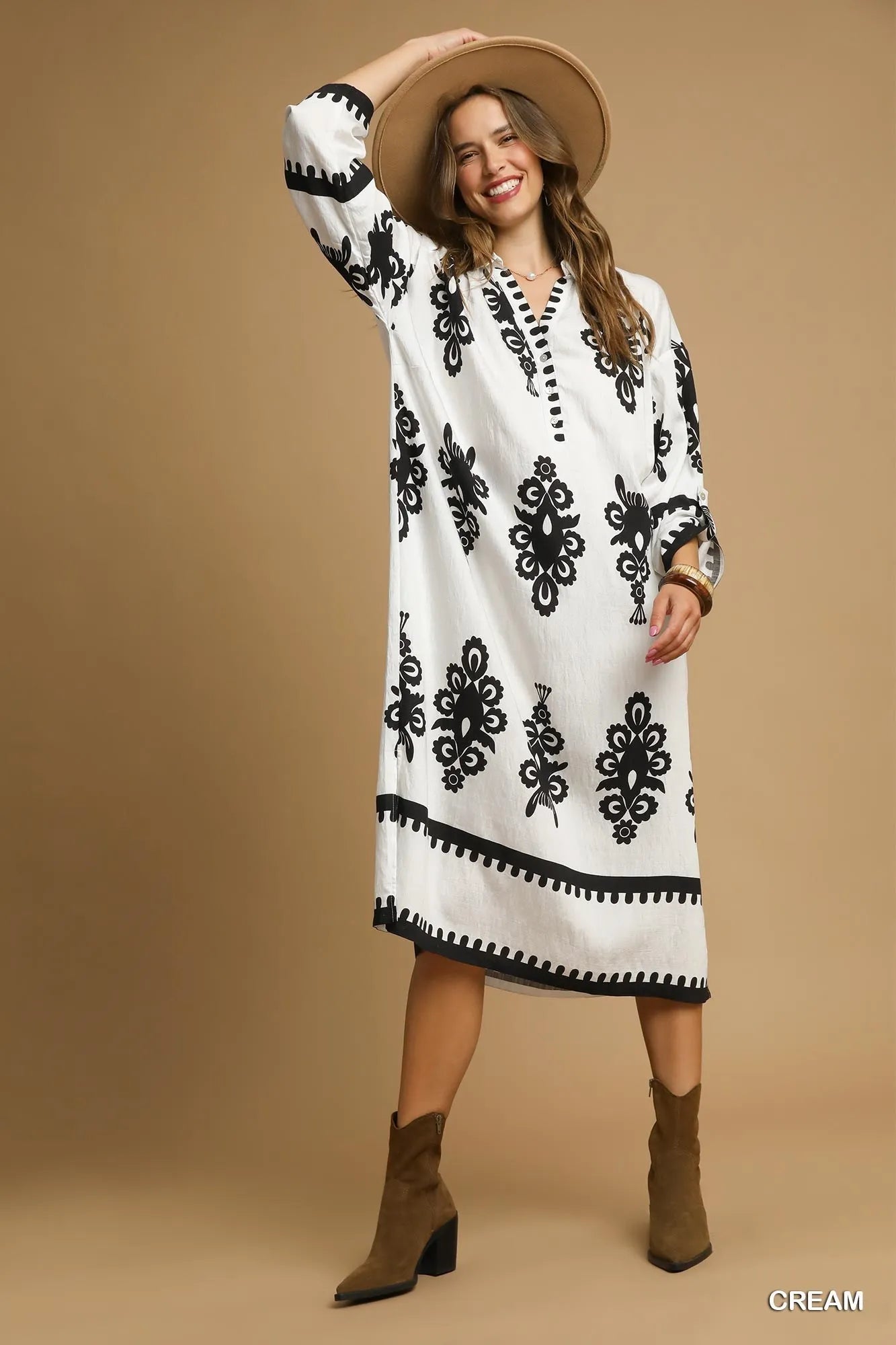 Umgee Midi Dress Cream Black Abstract Print Buttoned Short Sleeve 6284b347-feee-42d4-83a7-0753ddfab31b-Max-Origin Trendsi