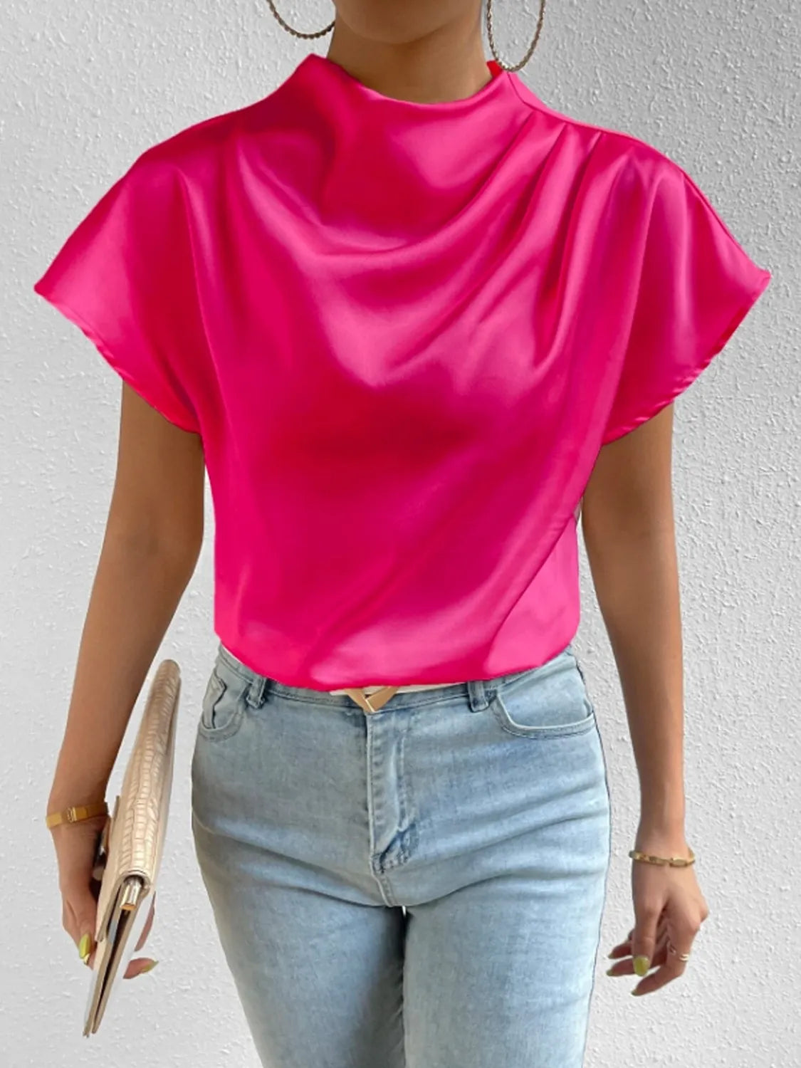 Satin Blouse Mock Neck Pleated Short Sleeve Basic Style Top 6285854e-3627-4640-b41a-5bc1d4799f07-Max-Origin Trendsi