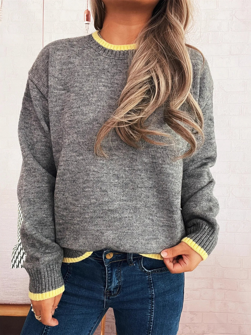 Women's Sweater Knit Ribbed Contrast Trim Long Sleeve Pullover 6288ae4c38cf433bbcce6aebfb472c52-Max-Origin Trendsi
