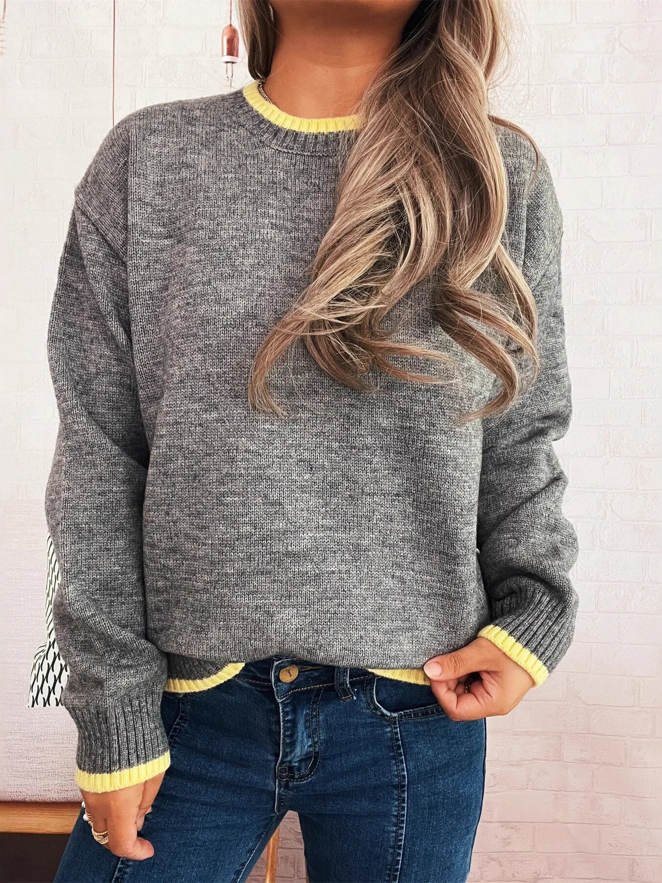 Women's Sweater Knit Ribbed Contrast Trim Long Sleeve Pullover 6288ae4c38cf433bbcce6aebfb472c52-Max-Origin Trendsi