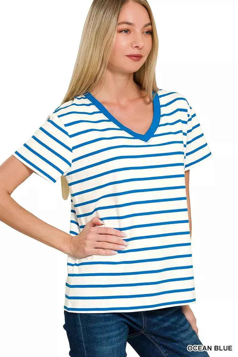 Zenana Striped V-Neck Short Sleeve T-Shirt
