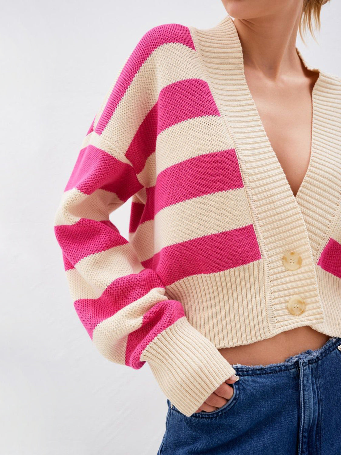 Women Cardigan Striped V Neck Button Down Long Sleeve Soft Acrylic Sweater