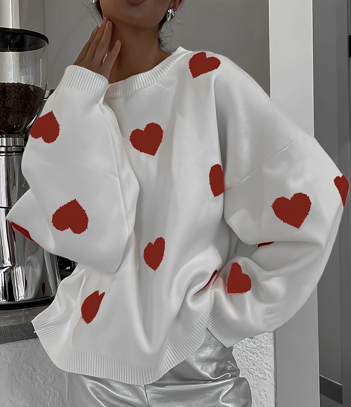 Sweater Heart Valentine’s Day Round Neck Long Sleeve Women White Pullover