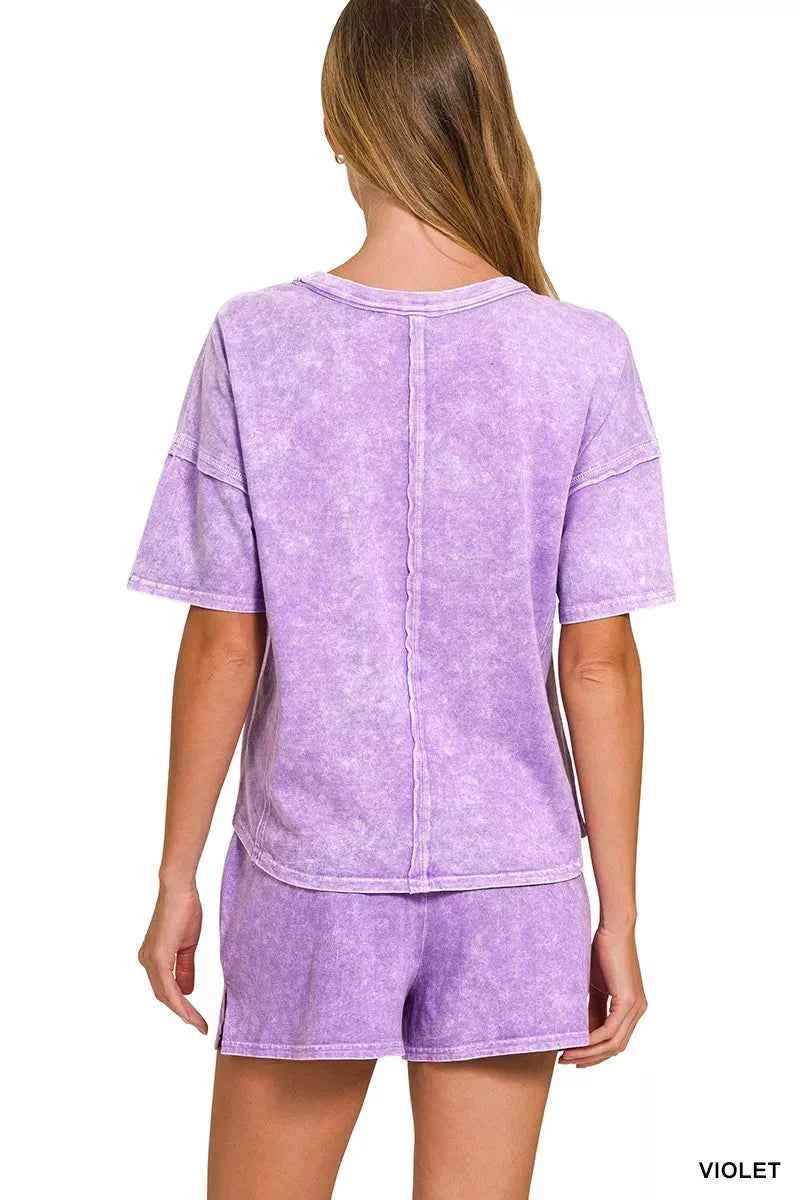Zenana Tracksuit Set Violet Halo Snow Washed Short Sleeve Top Tee and Shorts 62a0aa1b8f1d490796a13827575751ba-Max-Origin Trendsi