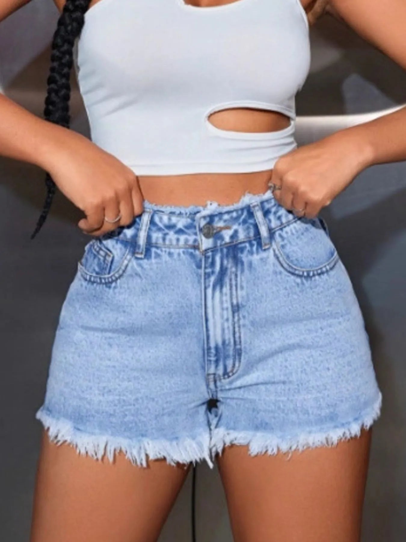 Women's Denim Shorts High Waisted Frayed Hem Blue Denim 62abebce-c744-4bee-9b66-977f02223347-Max-Origin Trendsi