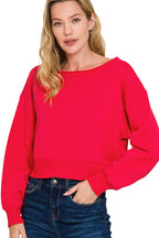 Zenana Fleece Boat-Neck Cropped Sweatshirt