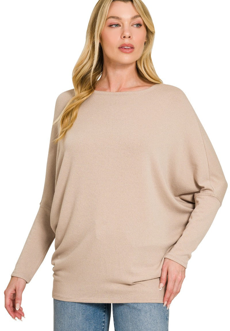 Zenana Hacci Dolman Sleeve Boat Neck Top