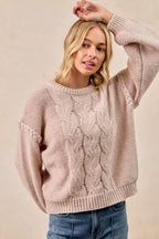 BiBi Sweater Cable Knit Womens Mocha Pullover with Shoulder Braid Detail 62c3d37731f1479884335e07a867645d-Max-Origin Trendsi