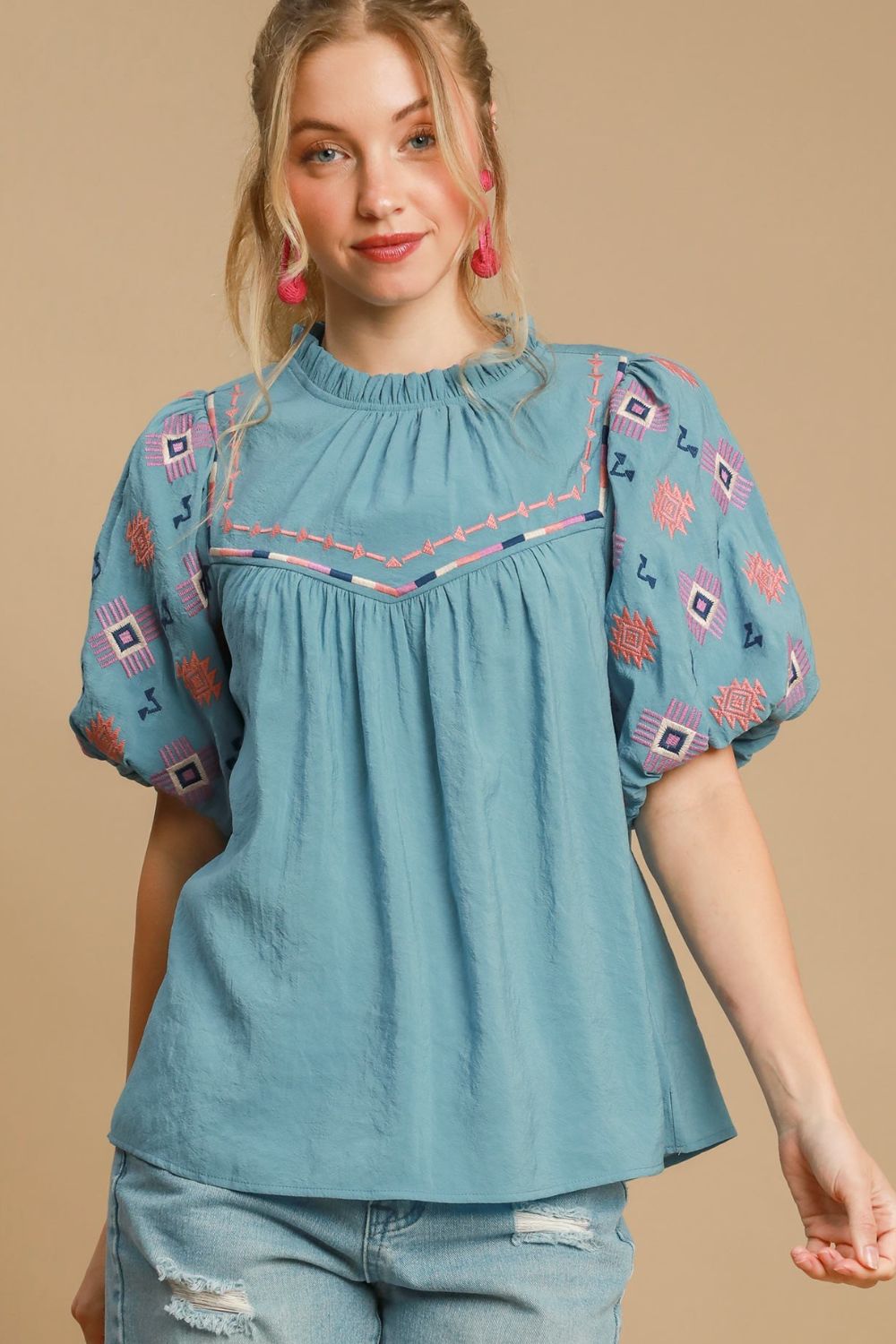 Umgee Blouse Embroidered Puff Short Sleeve Ruffled Mock Neck Top Teal 62c781a6-b182-40b3-a98d-67c6afca7786-Max Trendsi