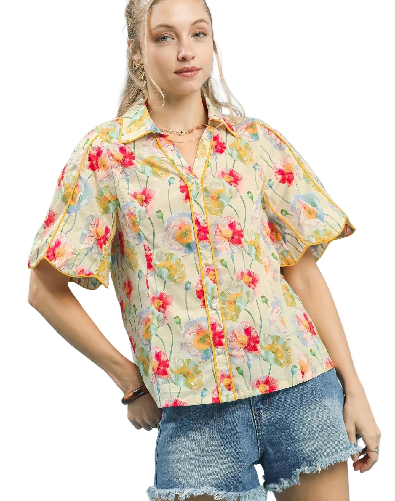 Umgee Floral Print Button-Down Blouse with Flutter Sleeves