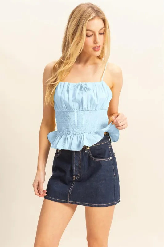 HYFVE Cami Top Light Blue Poplin Smocked Waist Summery Ruffled L.BLUE 62cbda3661b84bb599f1ae2ed408fd29-Max-Origin Trendsi