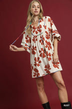 Umgee Babydoll Dress Floral Rust Two Tone Print Tie-Neck Short Sleeve 62cca001-d835-4eef-92c2-1ab1e12d2de0-Max-Origin Trendsi