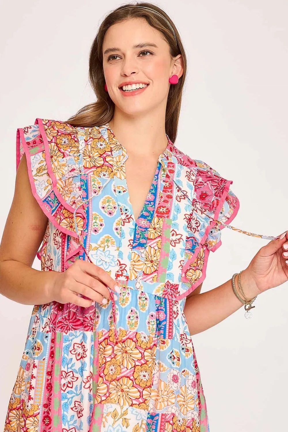 Umgee Midi Dress Pink Mix Floral Tie Neck Double Layered Ruffle Sleeve 62ce8a12-32d6-4d7a-a4d8-c3784964b83c-Max-Origin Trendsi