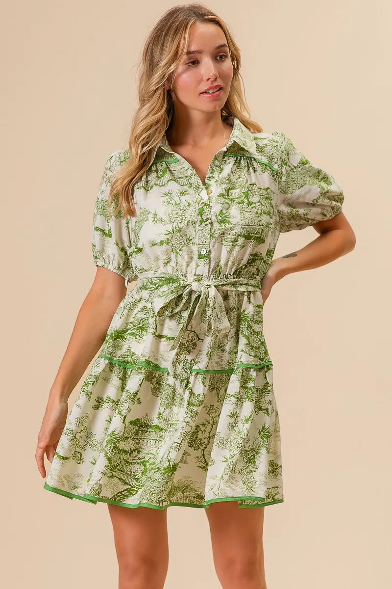 BiBi Mini Shirt Dress Floral Green Printed Tiered Belted Short Sleeve 62d107c28d88436d9b0a5fd4a8514a6a-Max-Origin Trendsi