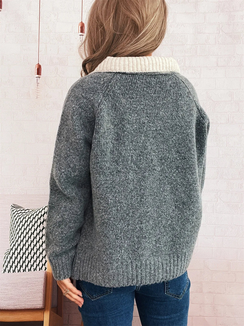 Women's Cardigan Zip-Up Contrast Collar Soft Acrylic Knit Sweater 62d613fb9fe045ebbe1c90edeece6f08-Max-Origin Trendsi