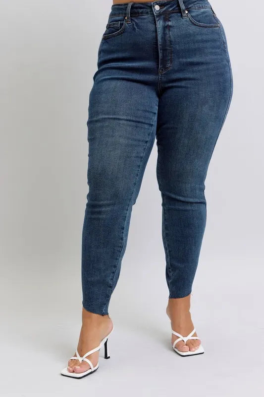 Judy Blue Skinny Jeans High Waist Raw Hem Side Slit Dark Wash 62d66070-e458-4025-90e6-456d0c27bc2e-Max-Origin Trendsi