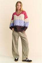 Davi & Dani Wavy Texture Sweater Color Block V-Neck Openwork Knit Pullover 62d6c91a-eaa0-4525-8243-3873cc2a1721-Max Trendsi