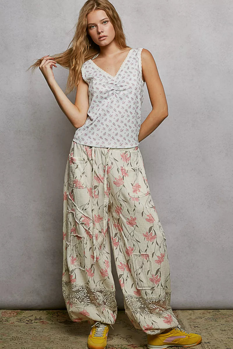 POL Floral V-Neck Tank Top Pure Water Ruched with Lace Detail Sleevless 62d769ea-856b-4f10-a58c-f928e573aa68-Max-Origin Trendsi