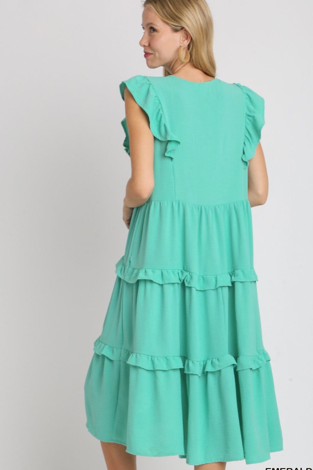 Umgee Midi Dress Ruffle Layered Emerald Tiered V neck Short Sleeve 62d8b11e-410d-49f4-8232-12f23ae0d27d-Max Trendsi
