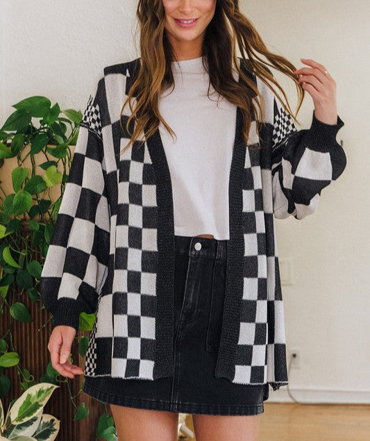 Checkered Cardigan Black Annie Wear Open Front Drop Shoulder Long Sleeve Black 62dc8ca6-0140-4523-9f08-7c6f6b48f02b-Max Trendsi