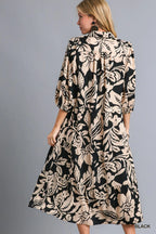 Umgee Midi Dress Black Floral Print Tiered Collared 3/4 Sleeve Ruffled 62e80fd2-ac0d-4d2f-99de-cf5dc9f98eda-Max-Origin Trendsi