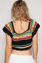 POL Knit T-shirt Openwork Ethnic Pattern Square Neck Cropped Black Knit Top 62e8dde7-cebc-41d8-ad09-3d037eb6e7b6-Max Trendsi