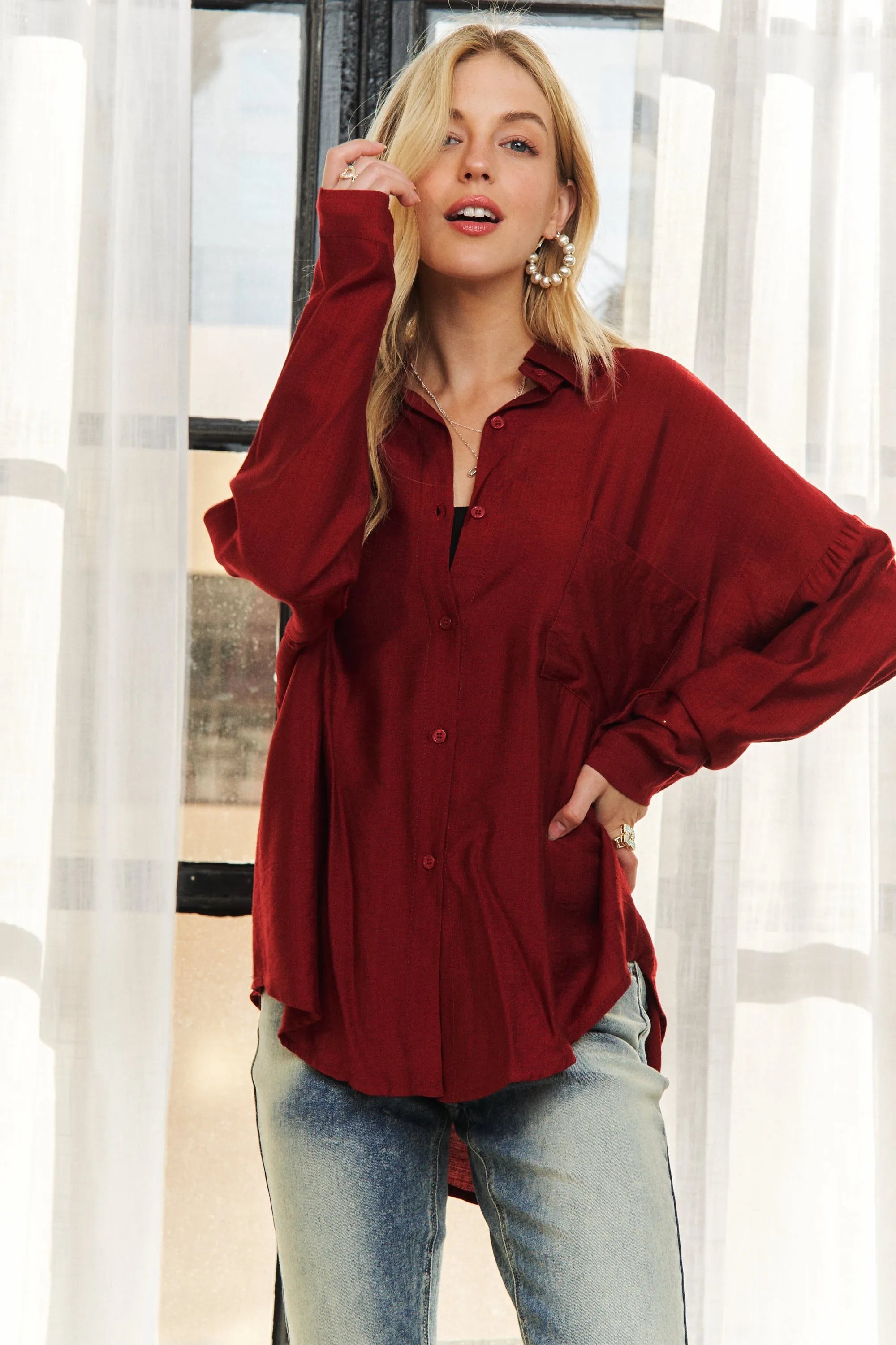 ADORA Linen Shirt Burgundy Oversized Pocketed Long Sleeve Top 62eab9de509c4bac9237fe92c97edf2b-Max-Origin Trendsi