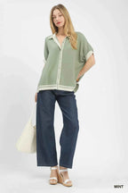 Umgee Linen Blouse Mint Button Front Top with Contrast Piping 62f08454-99d5-40d5-958e-49a21fb5e621-Max-Origin Trendsi
