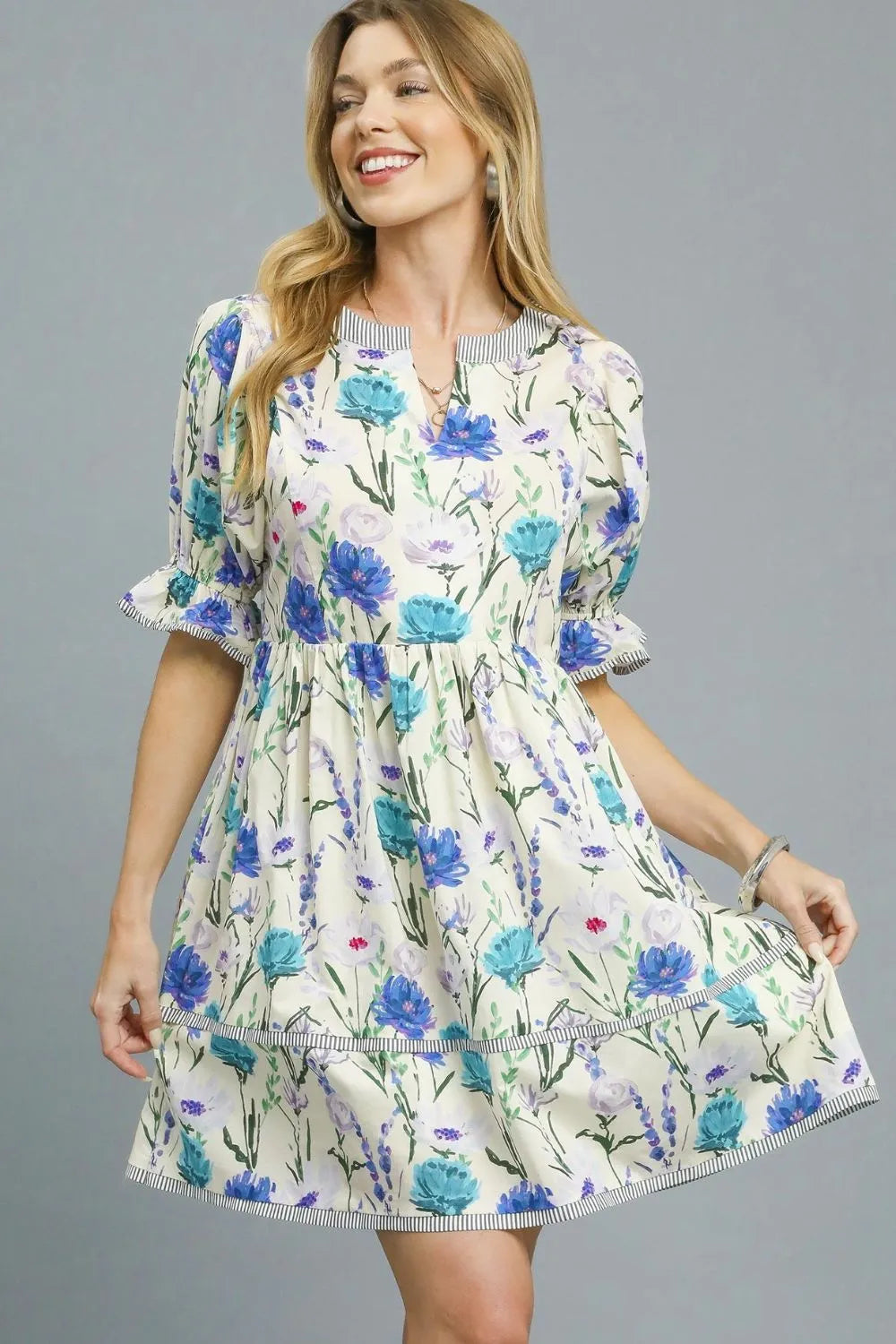 Umgee Mini Dress BabyDoll Pastel Blue Floral Striped Hem Ruffled Short Sleeve 62f3ee61-b631-4e64-82e5-6d901172f50b-Max-Origin Trendsi