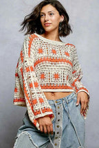 POL Crochet Top Ivory Orange Long Sleeve with Granny Square Weaving 62ff45d1-7158-4c0f-826f-3fd9e36f797a-Max-Origin Trendsi