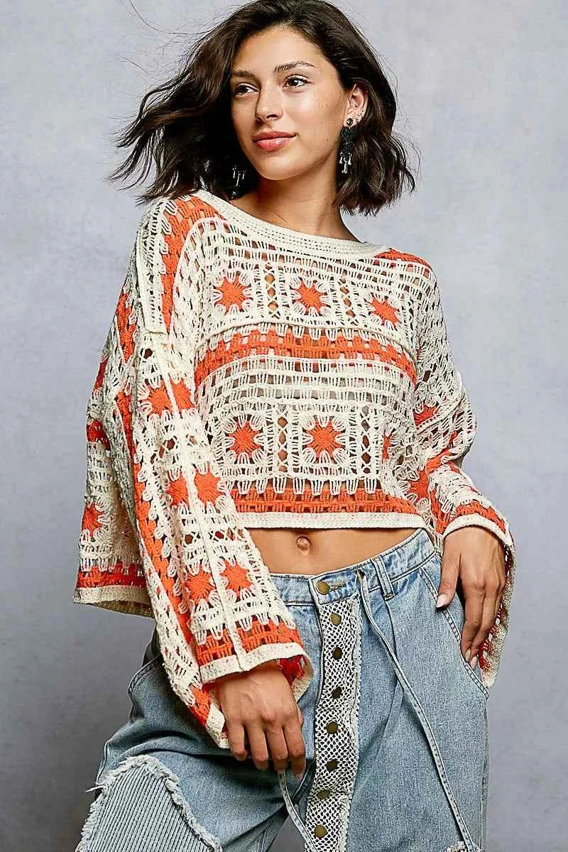 POL Crochet Top Ivory Orange Long Sleeve with Granny Square Weaving 62ff45d1-7158-4c0f-826f-3fd9e36f797a-Max-Origin Trendsi