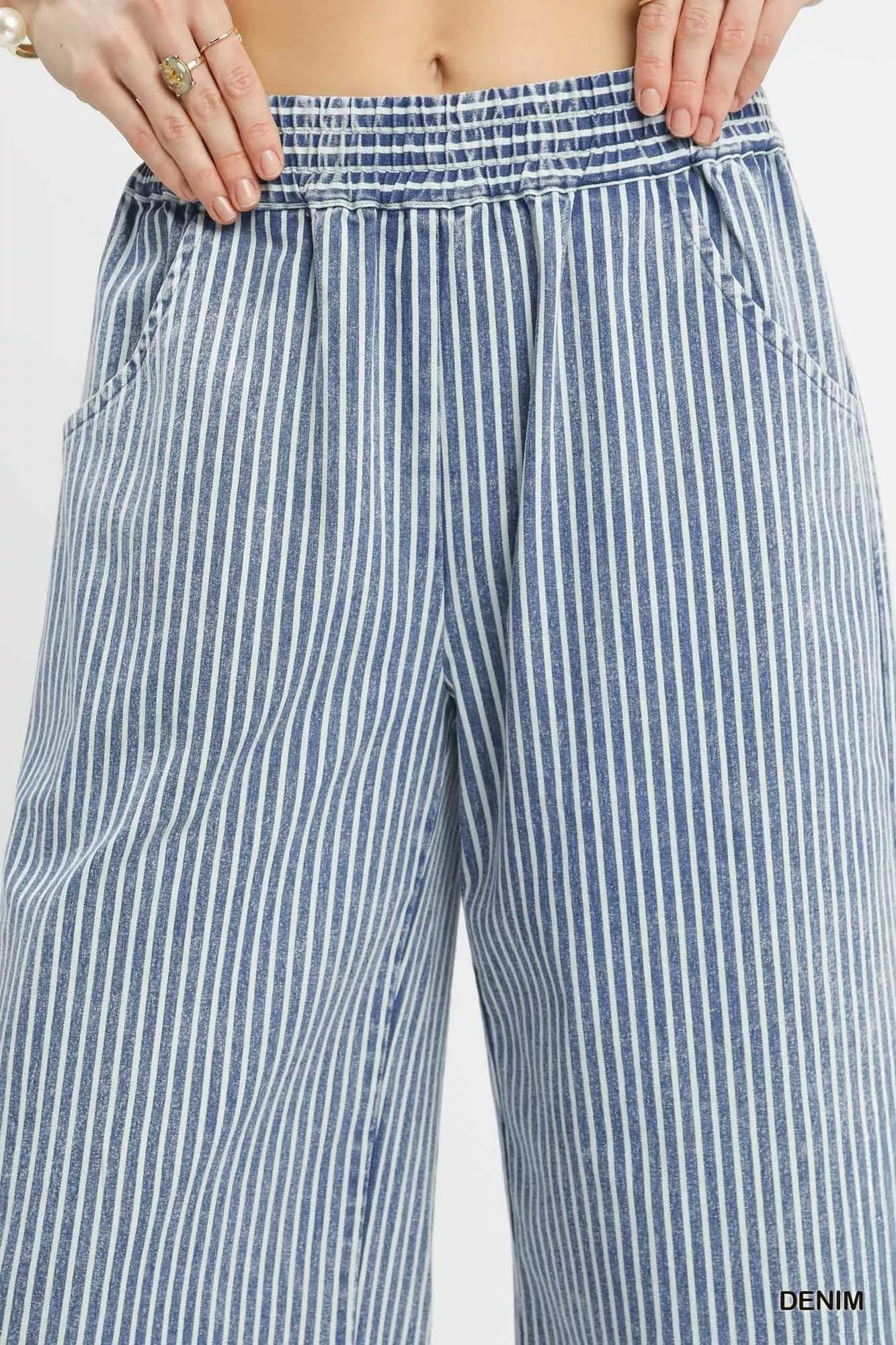 Umgee Wide-Leg Pants Denim Blue Stone Wash Stripe Drawstring Trousers 63034e2e-e2a4-4f79-8d83-c3b76d10bf69-Max-Origin Trendsi