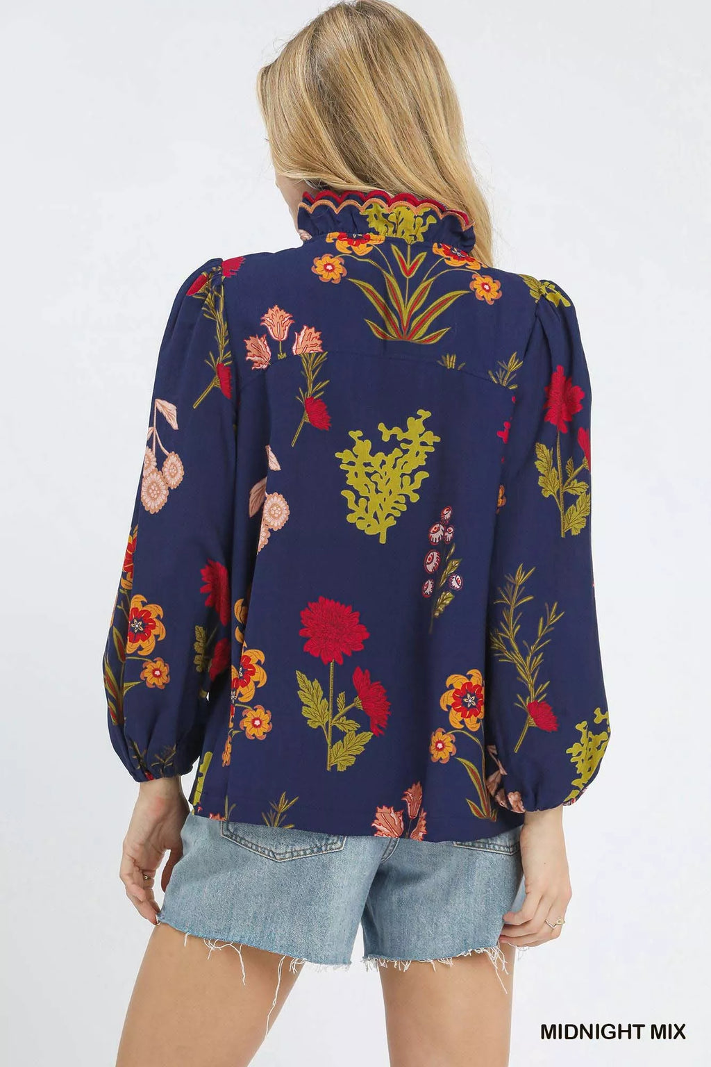 Umgee Womens Blouse Ruffled Midnight Flower Print with Scalloped Neckline Top 6306359b-5fdd-44f3-a314-97667fe88ec6-Max-Origin Trendsi