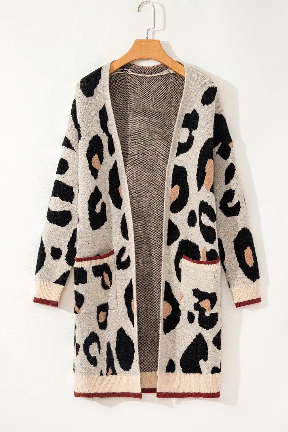 Leopard Cardigan Open Front Long Sleeve Pocketed Outwear