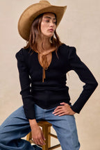 BiBi Womens Knit Top Black Ribbed Camel Contrast Front Tied Top with Shrried 630ea793f6794b7695d26c56ca4ba95b-Max-Origin Trendsi
