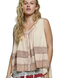 POL Women's Blouse Button Round Neck Tank Top with Crochet Contrast Blush Pink