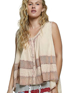 POL Women's Blouse Button Round Neck Tank Top with Crochet Contrast Blush Pink