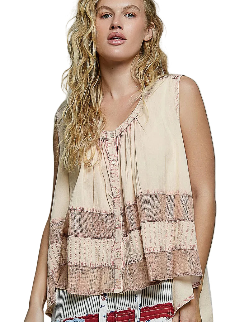 POL Women's Blouse Button Round Neck Tank Top with Crochet Contrast Blush Pink