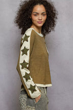 POL omens Blouse Olive Round Neck Long Sleeve T-Shirt with Star Patch 6316bd11-c153-4e8e-991d-cb817cc49a14-Max-Origin Trendsi