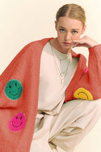 Davi & Dani Women Cardigan Fuzzy Smile Patch Rust Open Long Sleeve Sweater 631e5301-bcc2-4bc8-9544-39f88156b46d-Max Trendsi